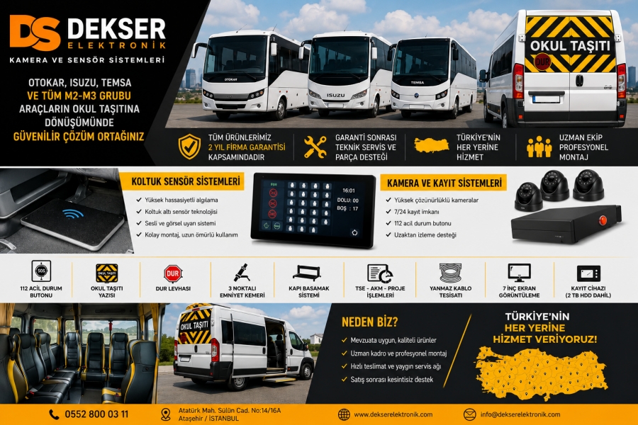 Personel paketten okul pakete dönüşüm hizmetleri ile servis araçlarınızı güvenli hale getirin. Kamera, sensör ve elektronik sistem çözümleri Dekser Elektr
